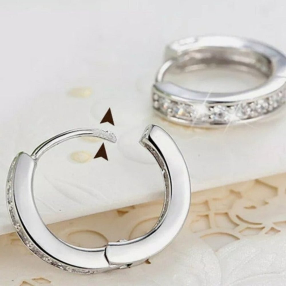 ****925 Silver Hoop Diamond Earrings - Picture 3 of 5